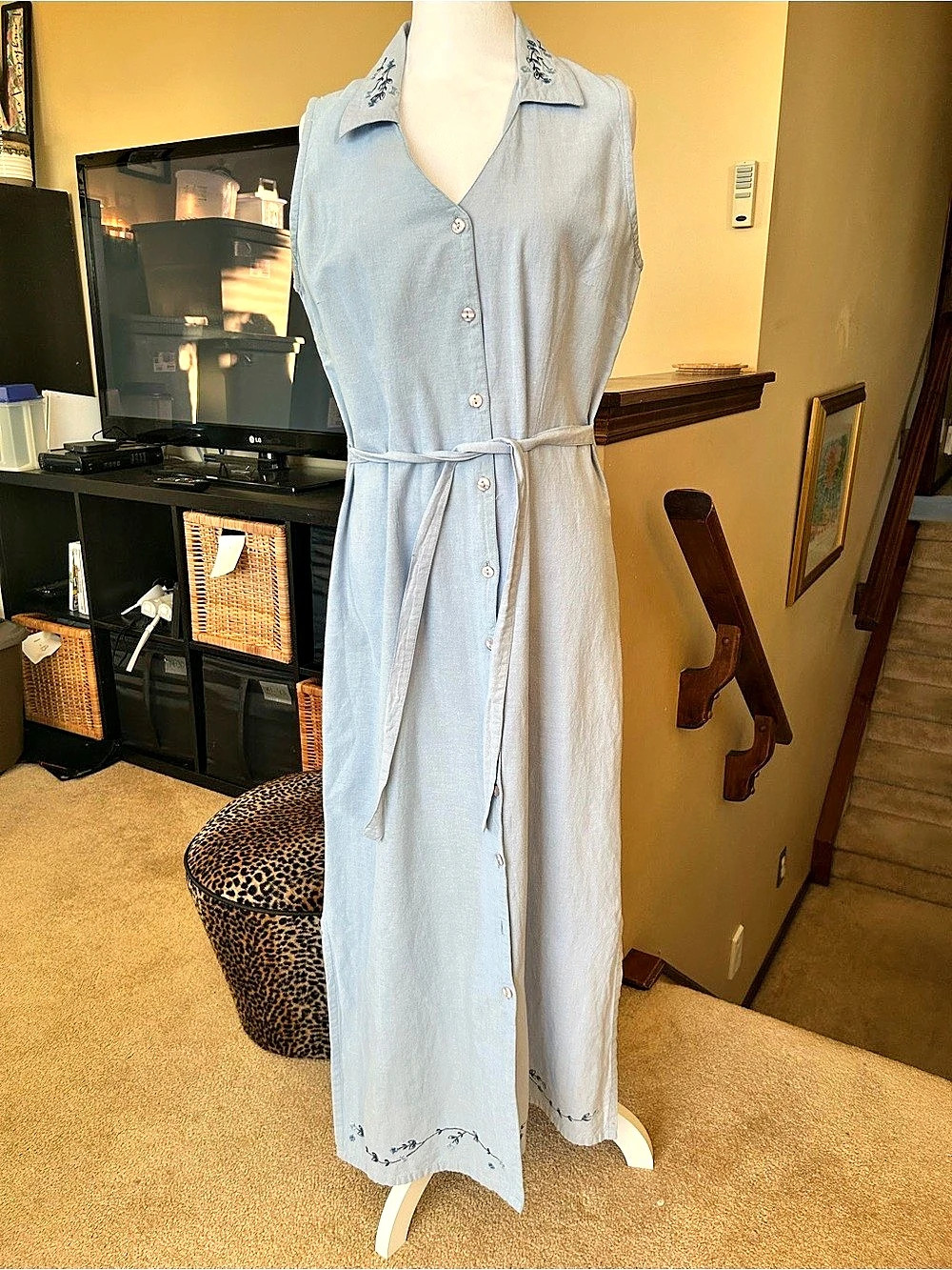 Vintage Blue Embroidered Collared Button Down Maxi Dress